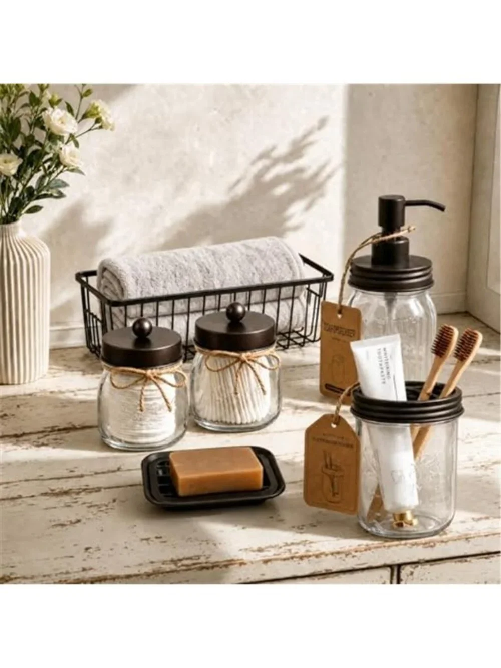 Mason Jar Bathroom Accessories Set,6Pcs Rustic Bathroom Set,Brown